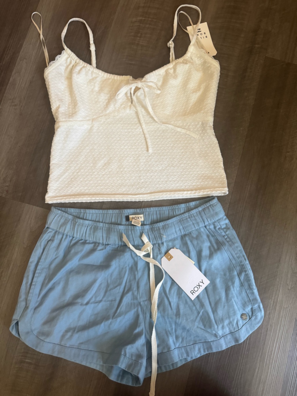 Roxy Blue Shorts and Billabong White Textured Tube Top Set